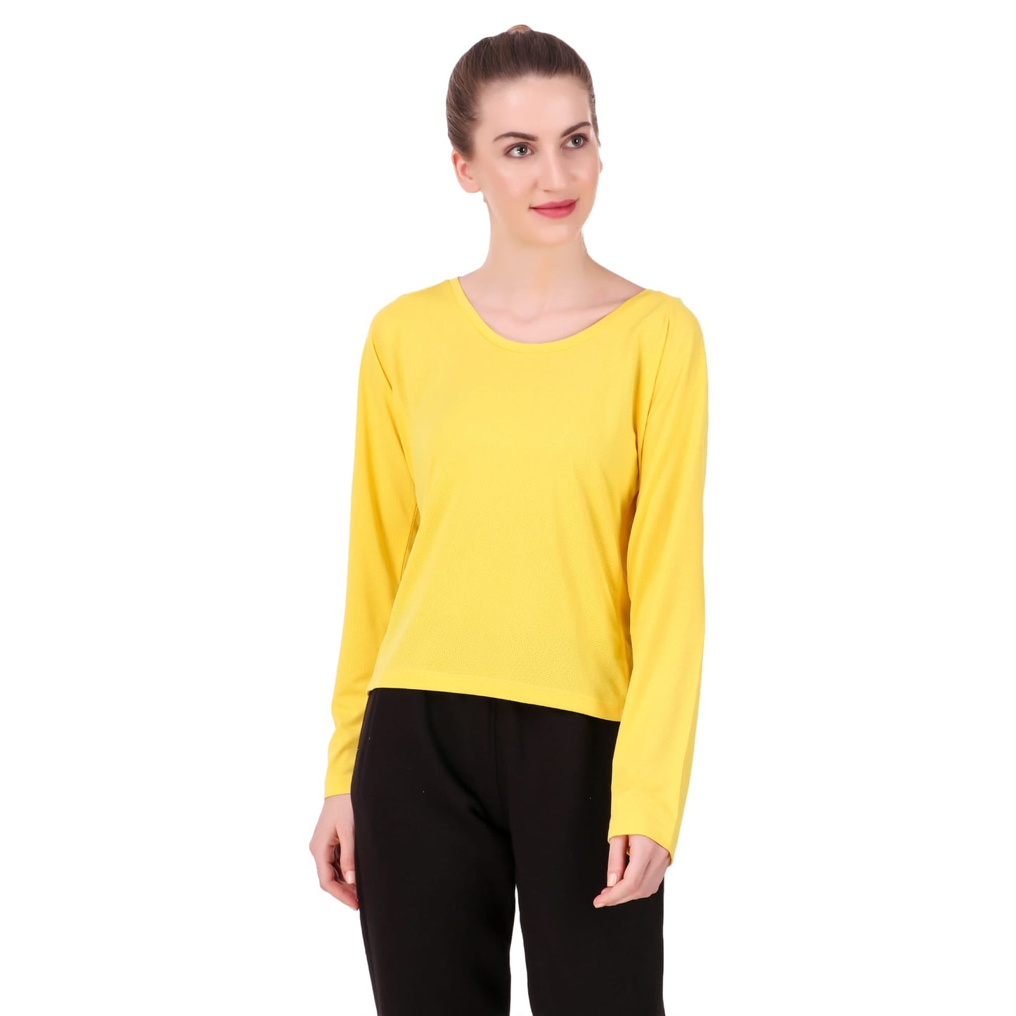 Alcis Women Yellow Self Design Round Neck T-shirt
