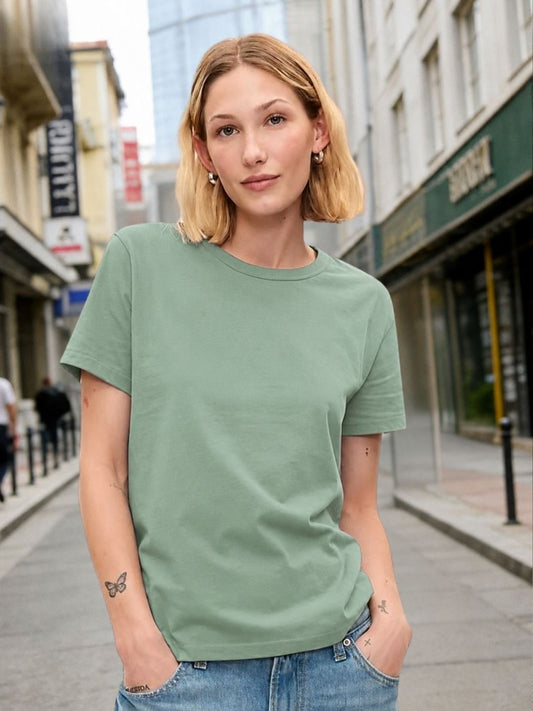 Women Jade Solid Round Neck Regular Fit Cotton T-shirt