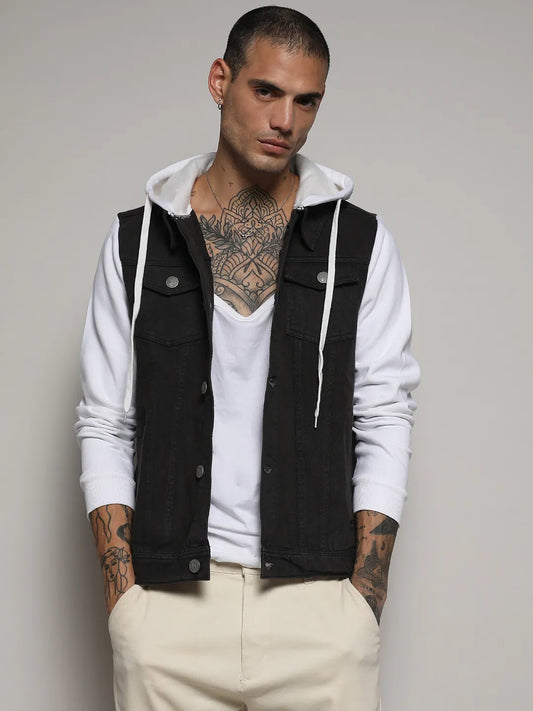 Medium-Wash Denim Jacket With Sweatshirt Sleeve