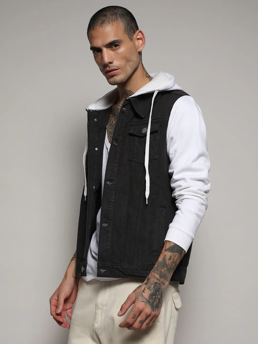 Medium-Wash Denim Jacket With Sweatshirt Sleeve