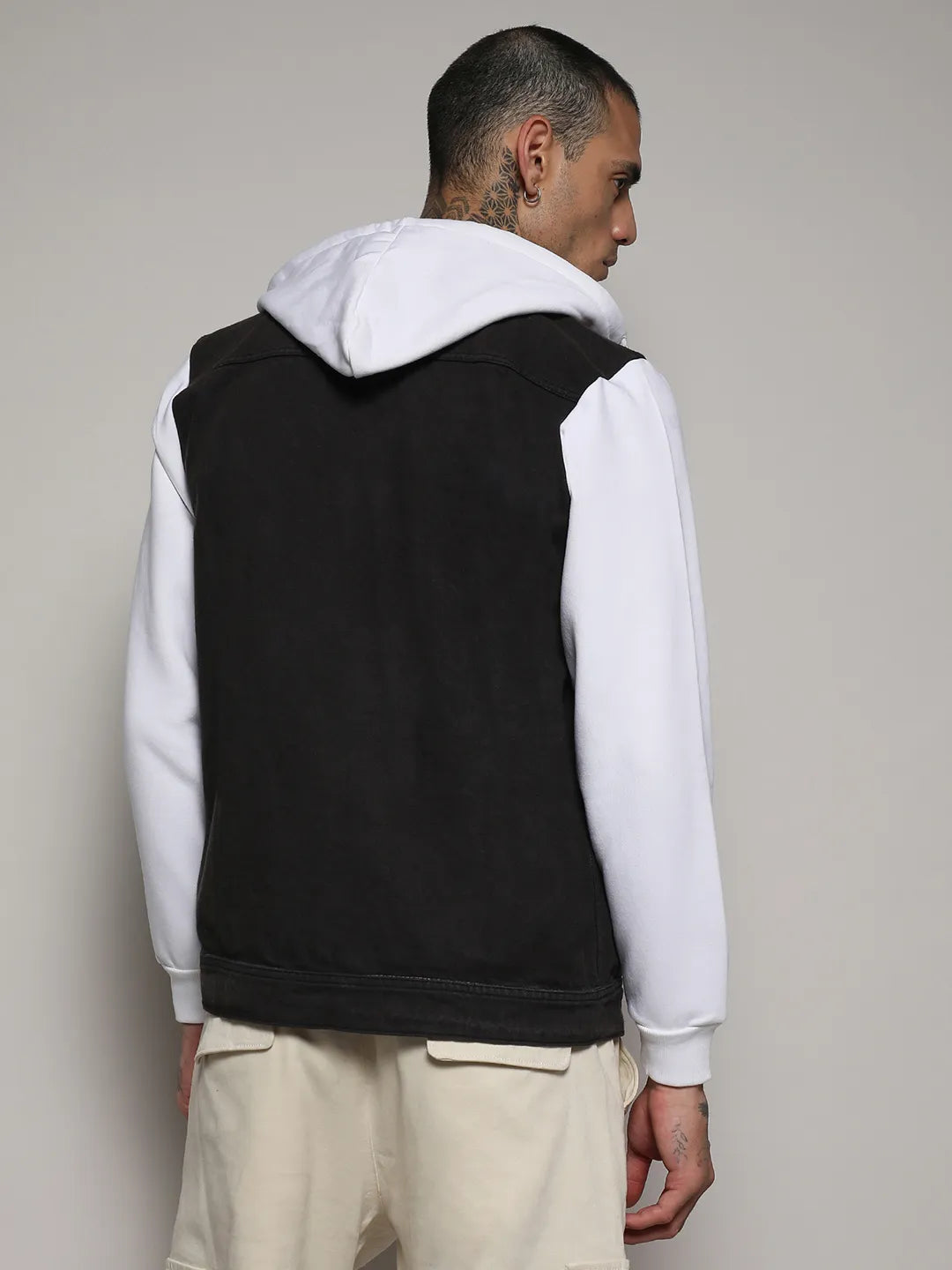 Medium-Wash Denim Jacket With Sweatshirt Sleeve