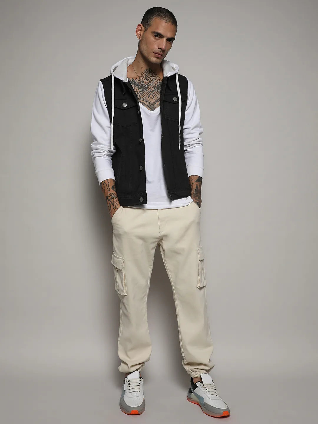 Medium-Wash Denim Jacket With Sweatshirt Sleeve
