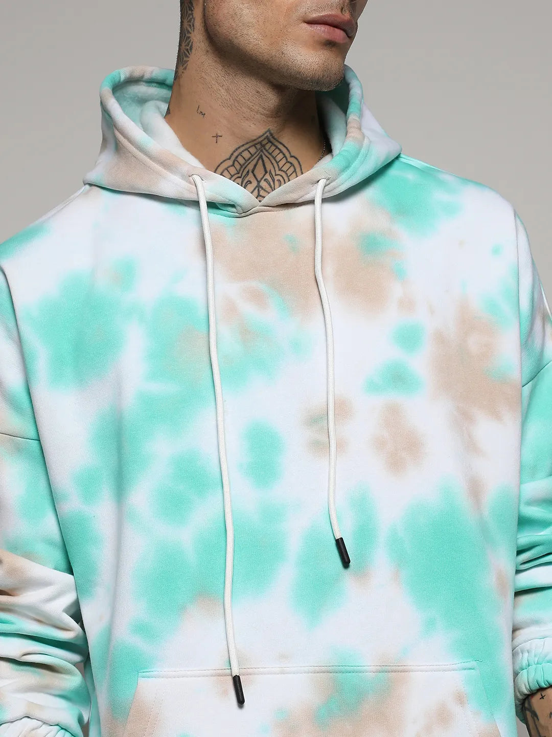 White & Mint Green Tie-Dye Hoodie With Kangaroo Pocket