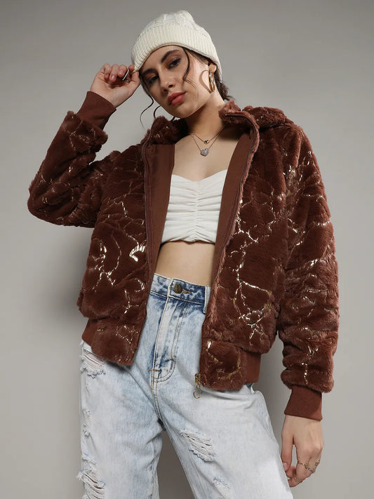 Metallic Veined Faux Fur Jacket