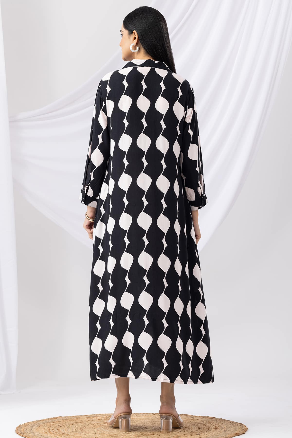 Black Printed Collared Rayon Dress with 3/4th Sleeves