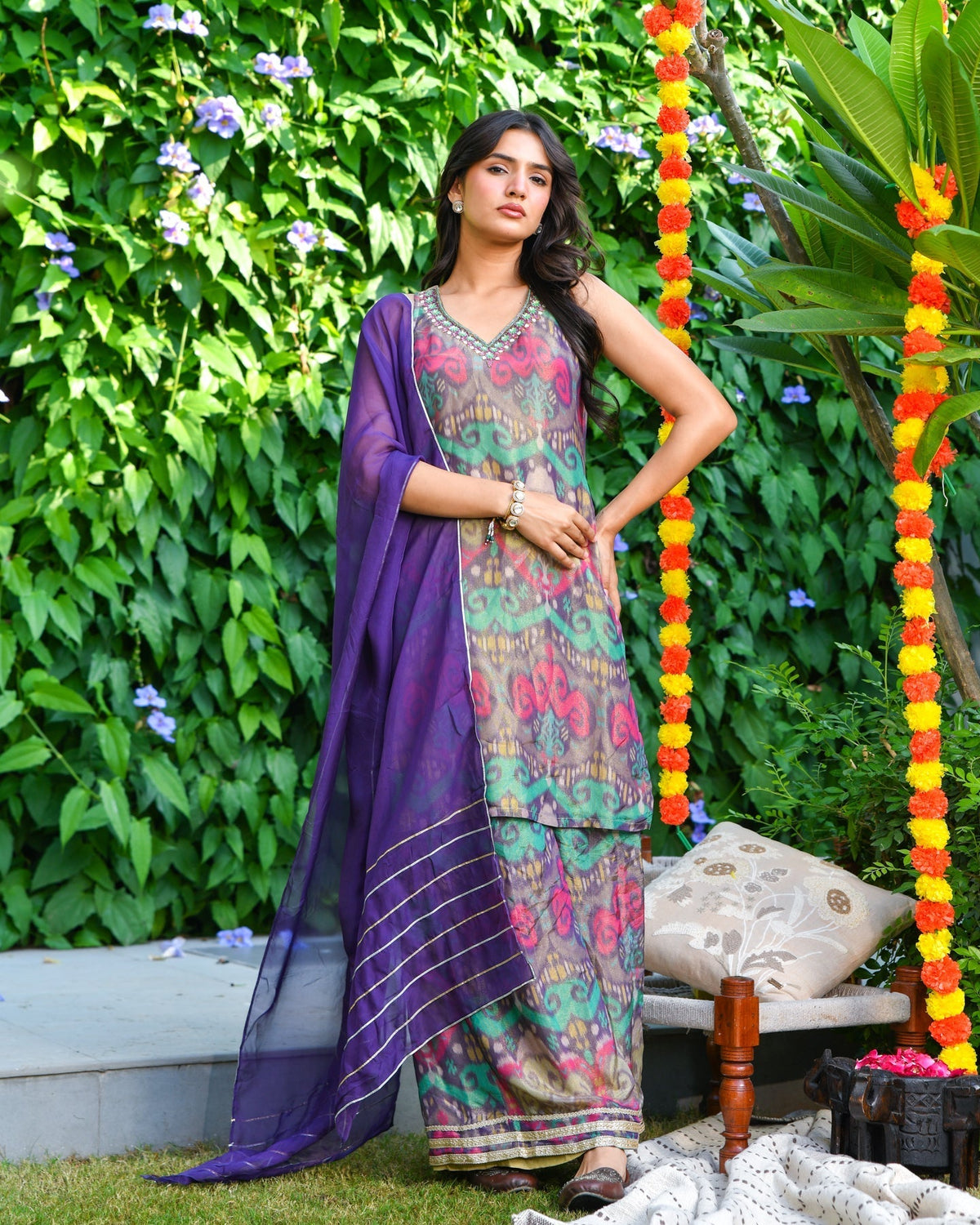 Purple Ikat Tissue Palazzo Suit