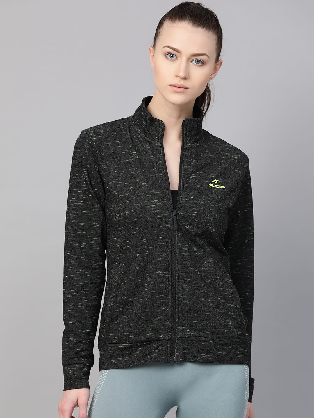 Alcis Women Black Green Self-Design Sweatshirt ALWHD0701-S