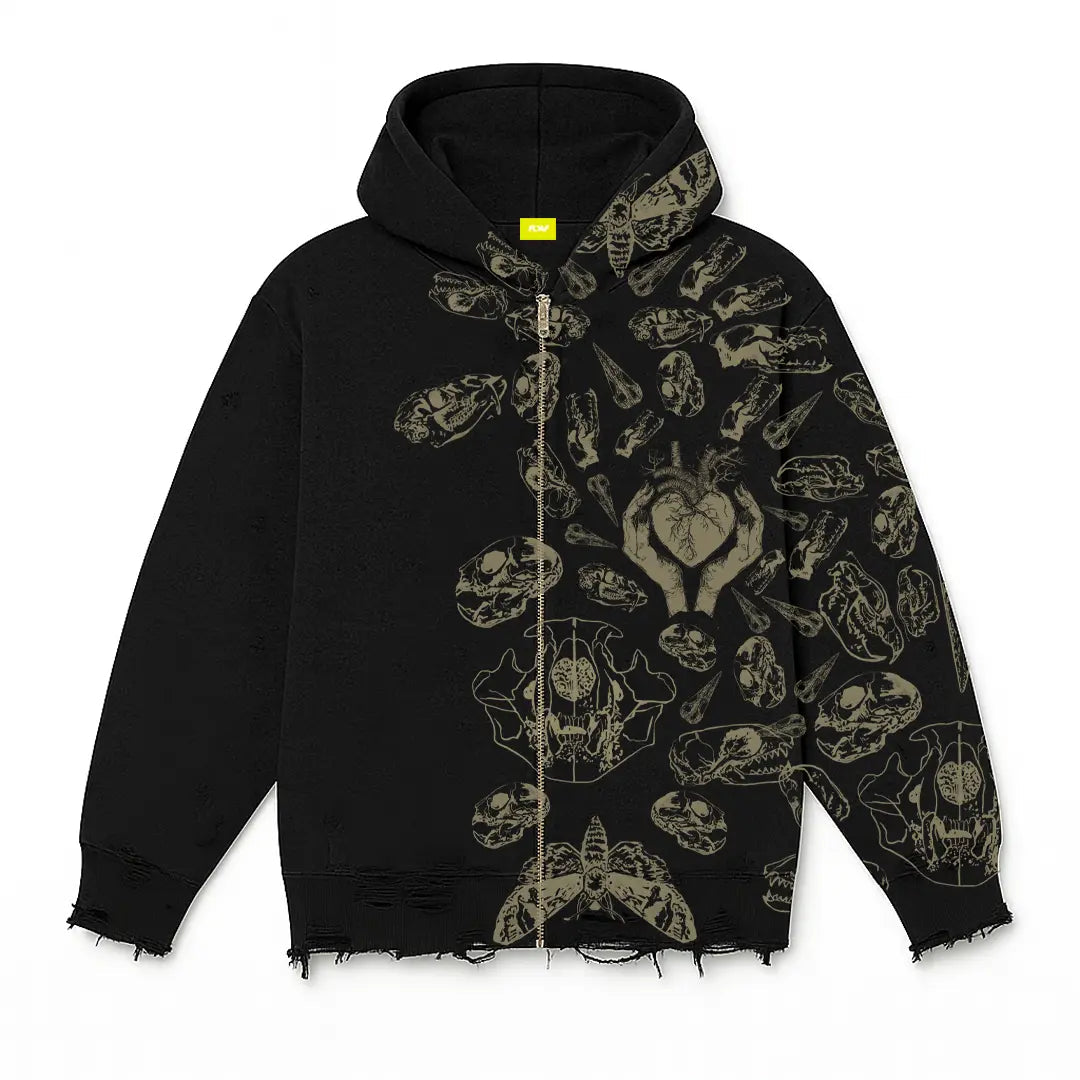 Fractured Pulse Printed Black Zipper Hoodie FLYAF