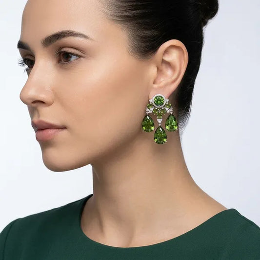 Green Cubic Zirconia Chandelier Earrings For Women