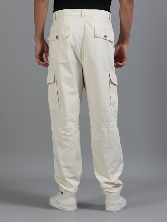 Men's Beige Relaxed Fit Solid Cotton Cargo Trousers