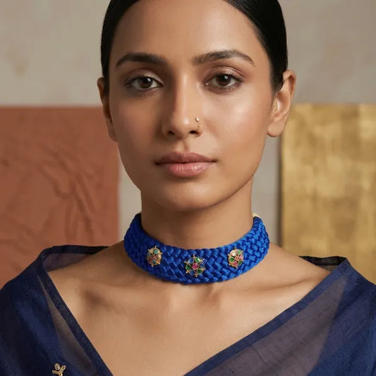 Blue Thread Woven Kundan Motif Choker Necklace For Women