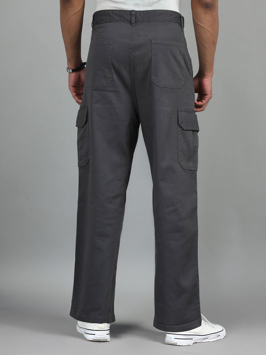 Men's Grey Baggy Fit Solid Cotton Cargo Trousers