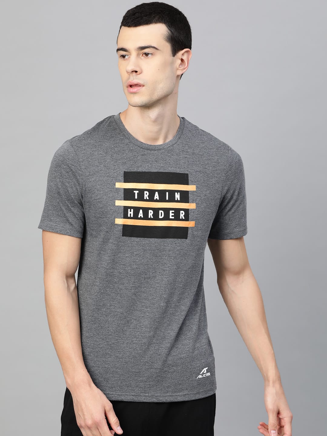 Alcis Men Charcoal Grey Printed Round Neck Training T-shirt