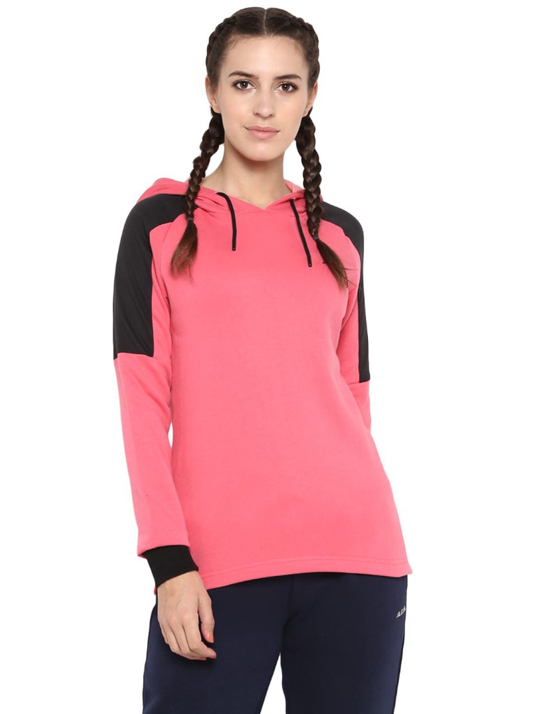 Alcis Women Pink Black Colourblocked Hooded Sweatshirt