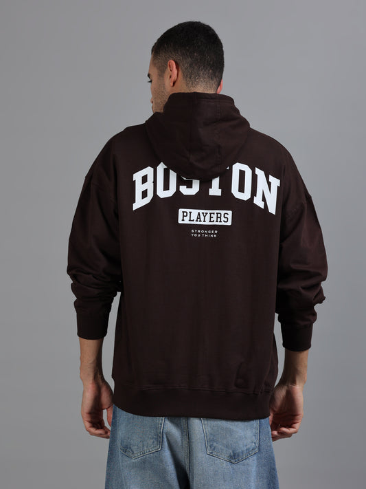 Men's Brown Graphic Print Oversized Hooded Sweatshirt
