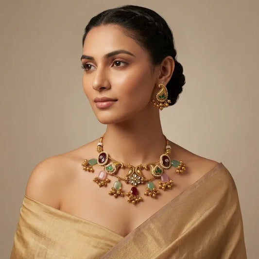 Multicolor Kundan Pearl Antique Choker Necklace Set For Women