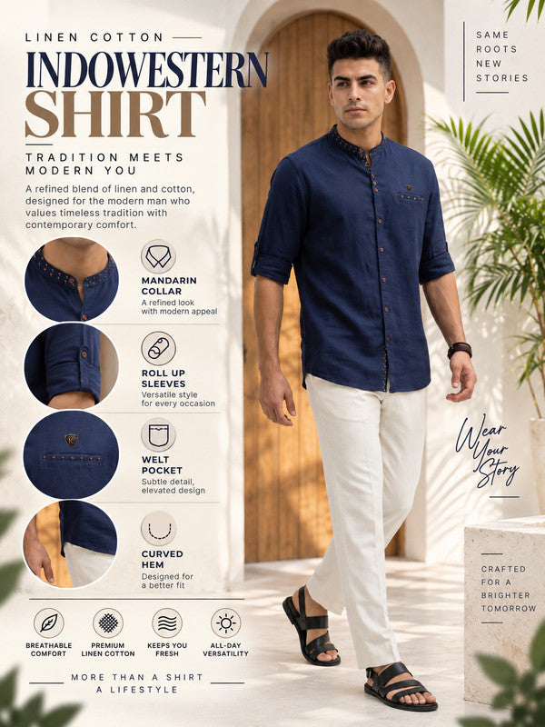 Kuons Avenue Men's Linen Cotton Indowestern Shirt - Dark Indigo