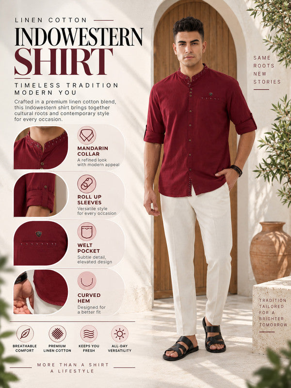 Kuons Avenue Men's Linen Cotton Indowestern Shirt - Maroon