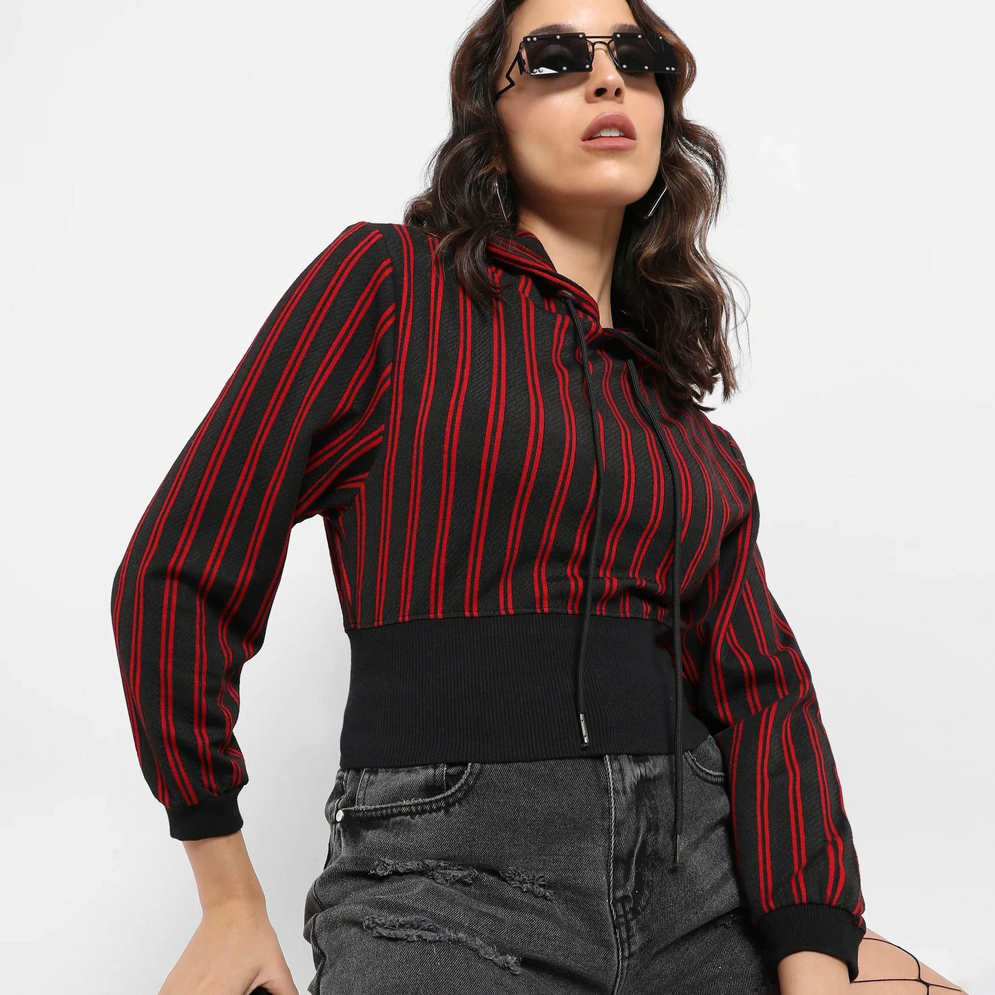 Red & Black Double Striped Hoodie With Ribbed Hem