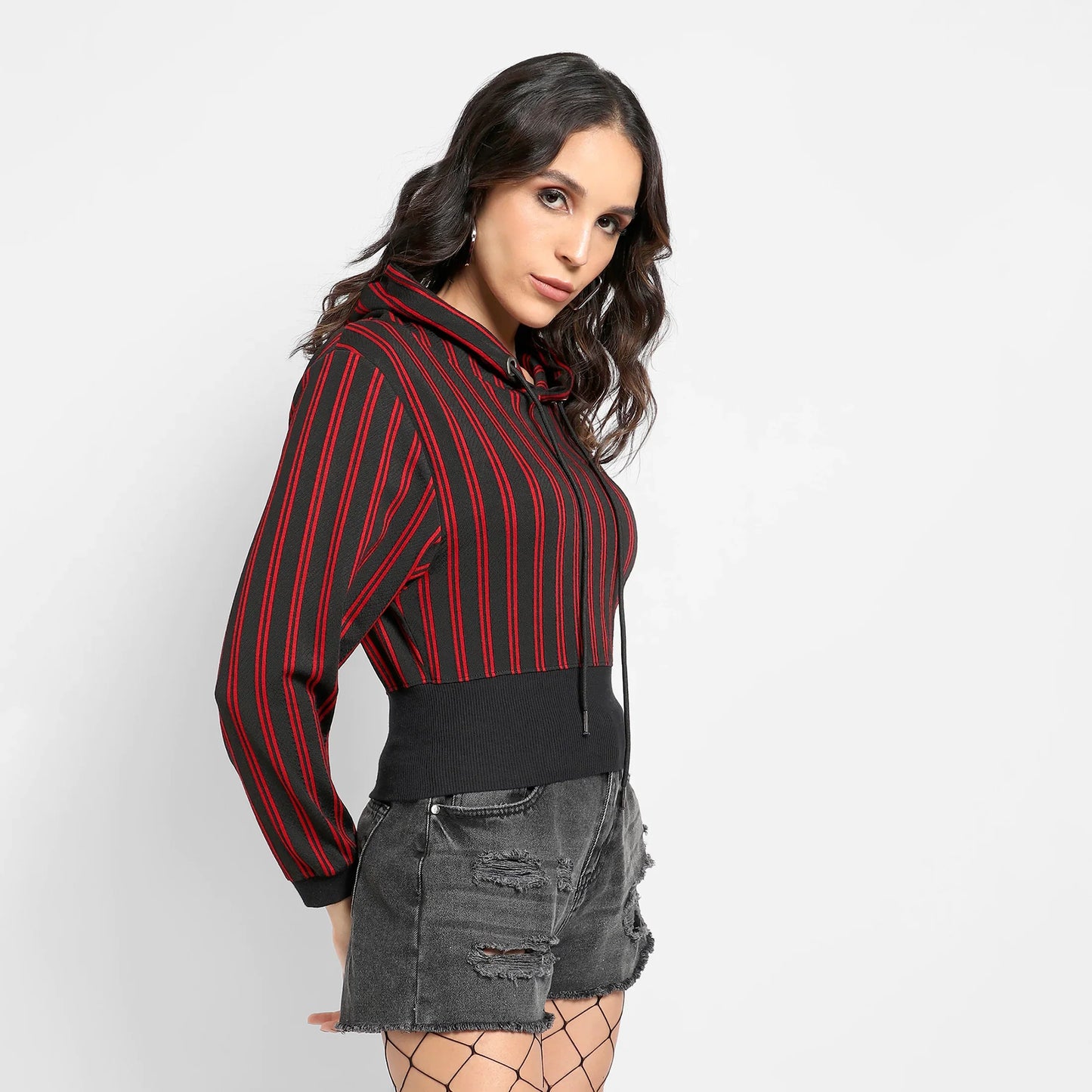 Red & Black Double Striped Hoodie With Ribbed Hem