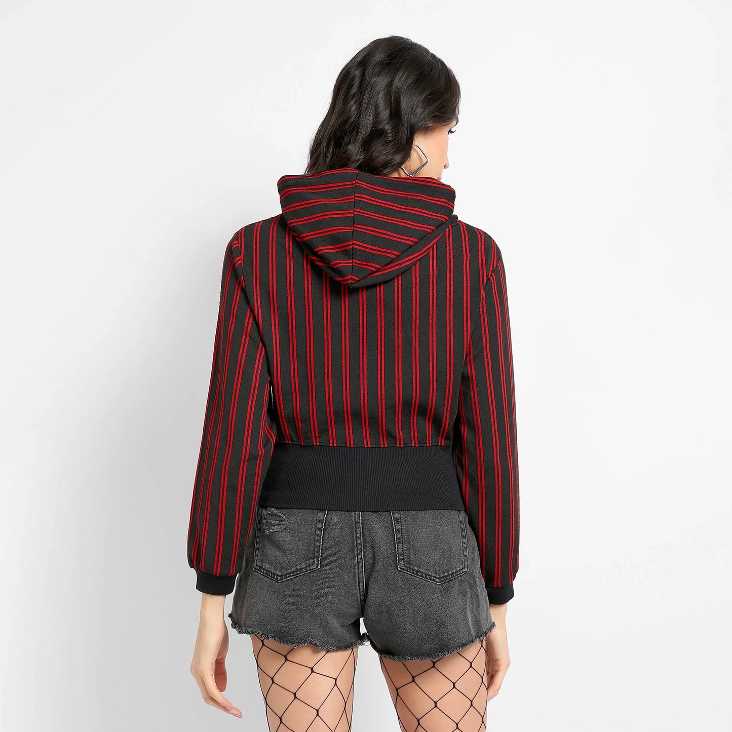 Red & Black Double Striped Hoodie With Ribbed Hem