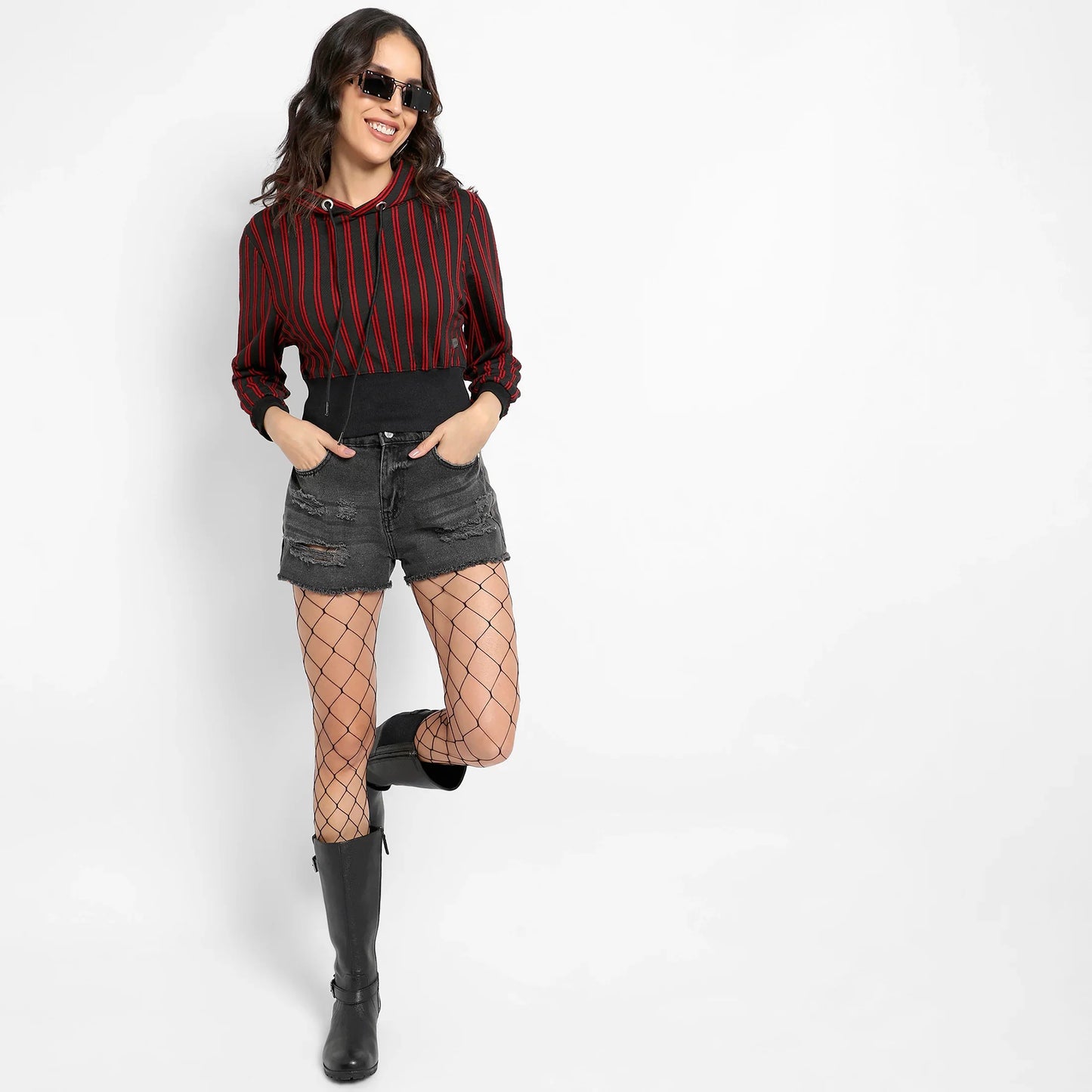Red & Black Double Striped Hoodie With Ribbed Hem