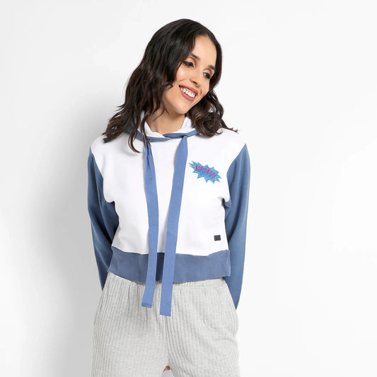 Blue & White Wow! Colourblocked Cropped Hoodie