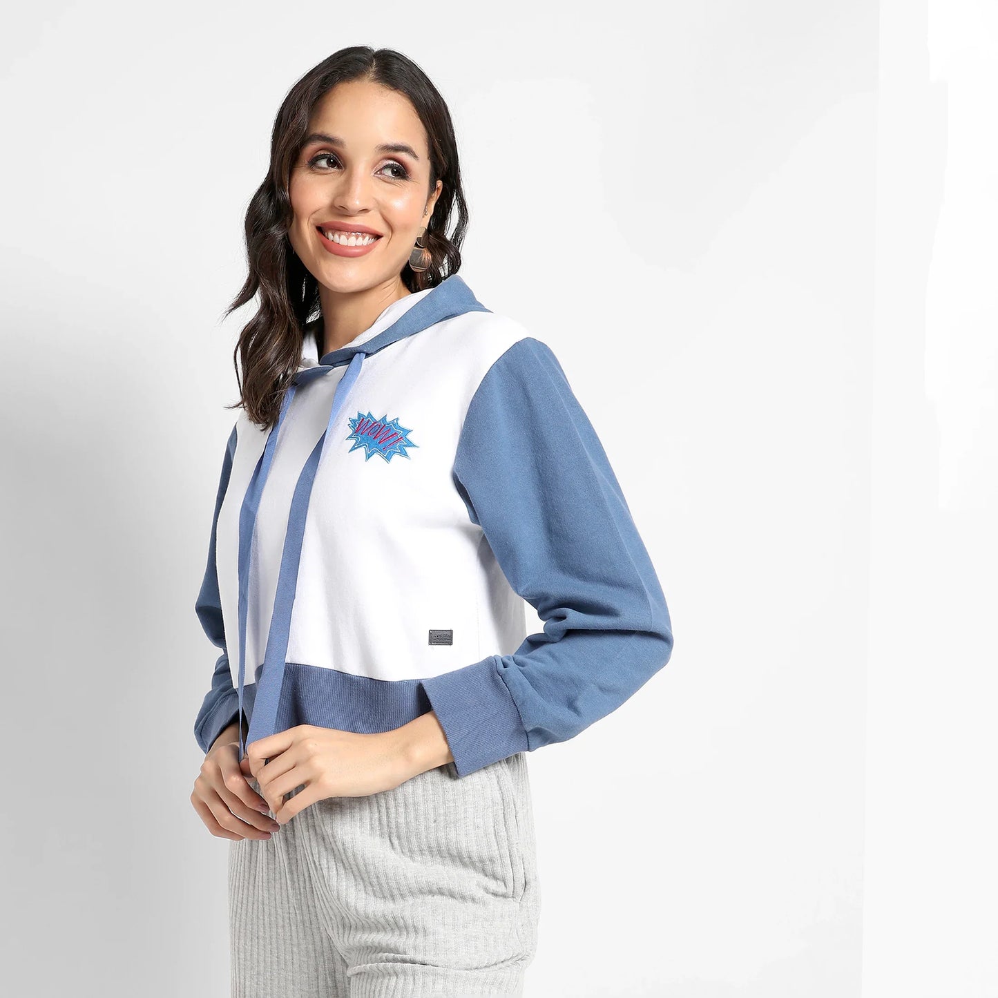 Blue & White Wow! Colourblocked Cropped Hoodie