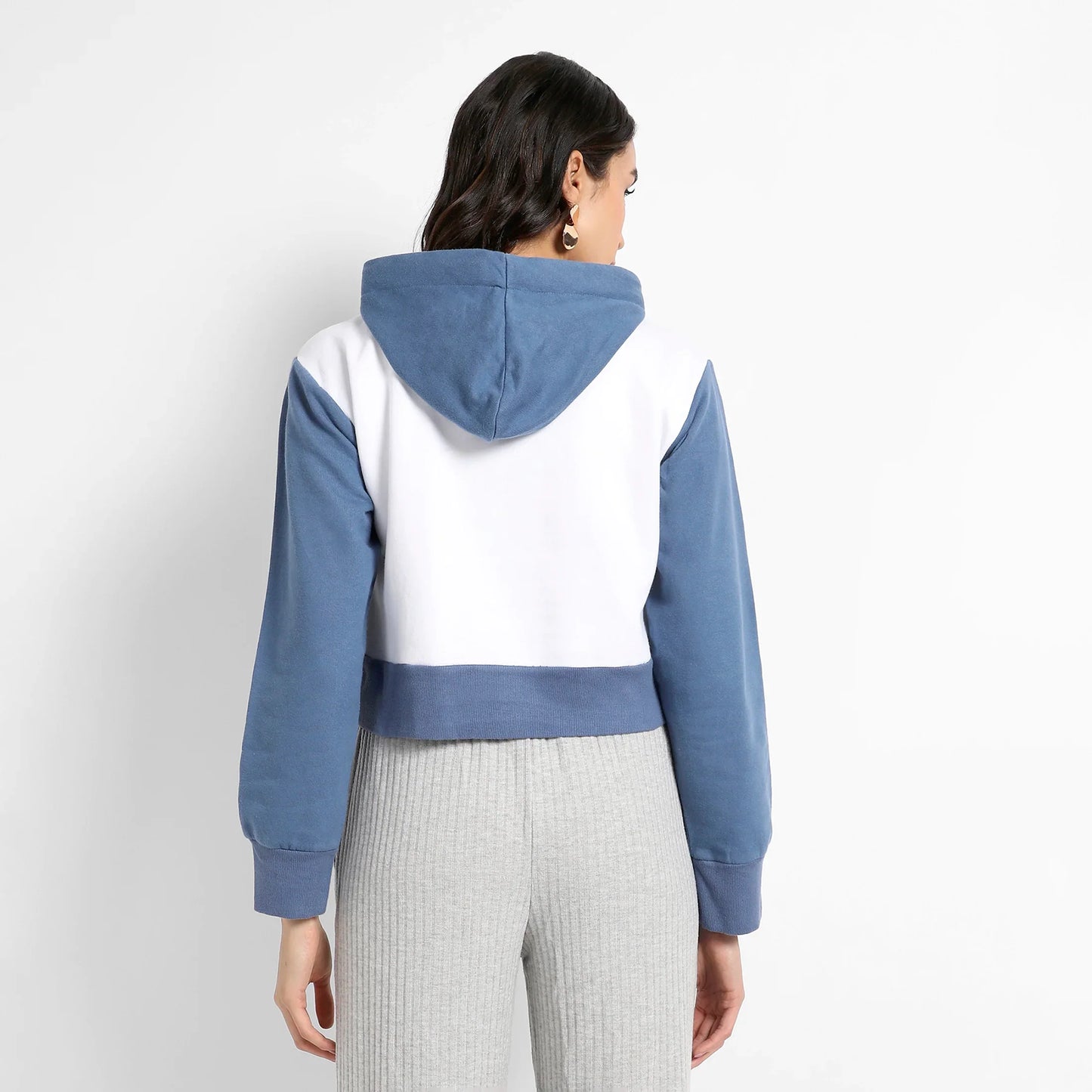 Blue & White Wow! Colourblocked Cropped Hoodie