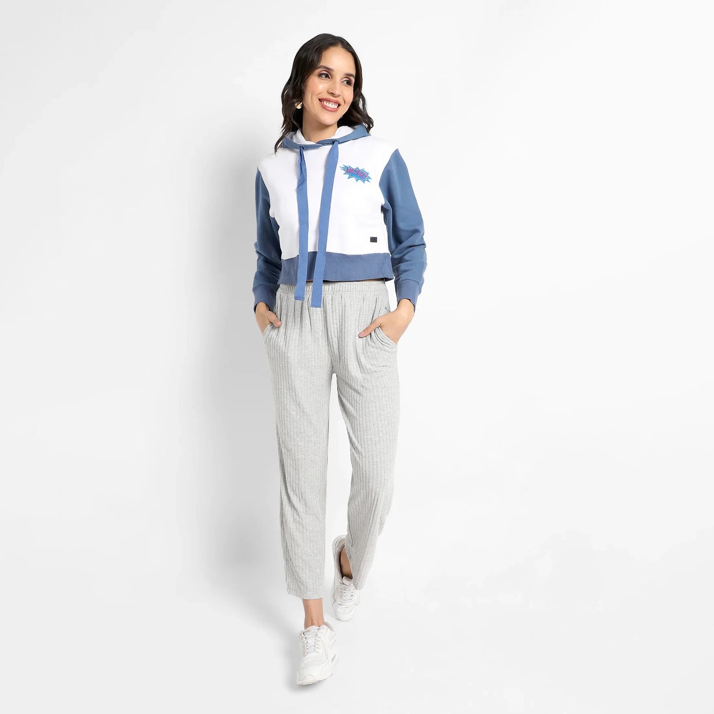 Blue & White Wow! Colourblocked Cropped Hoodie