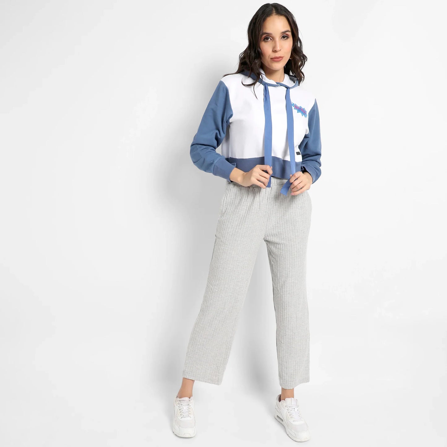 Blue & White Wow! Colourblocked Cropped Hoodie