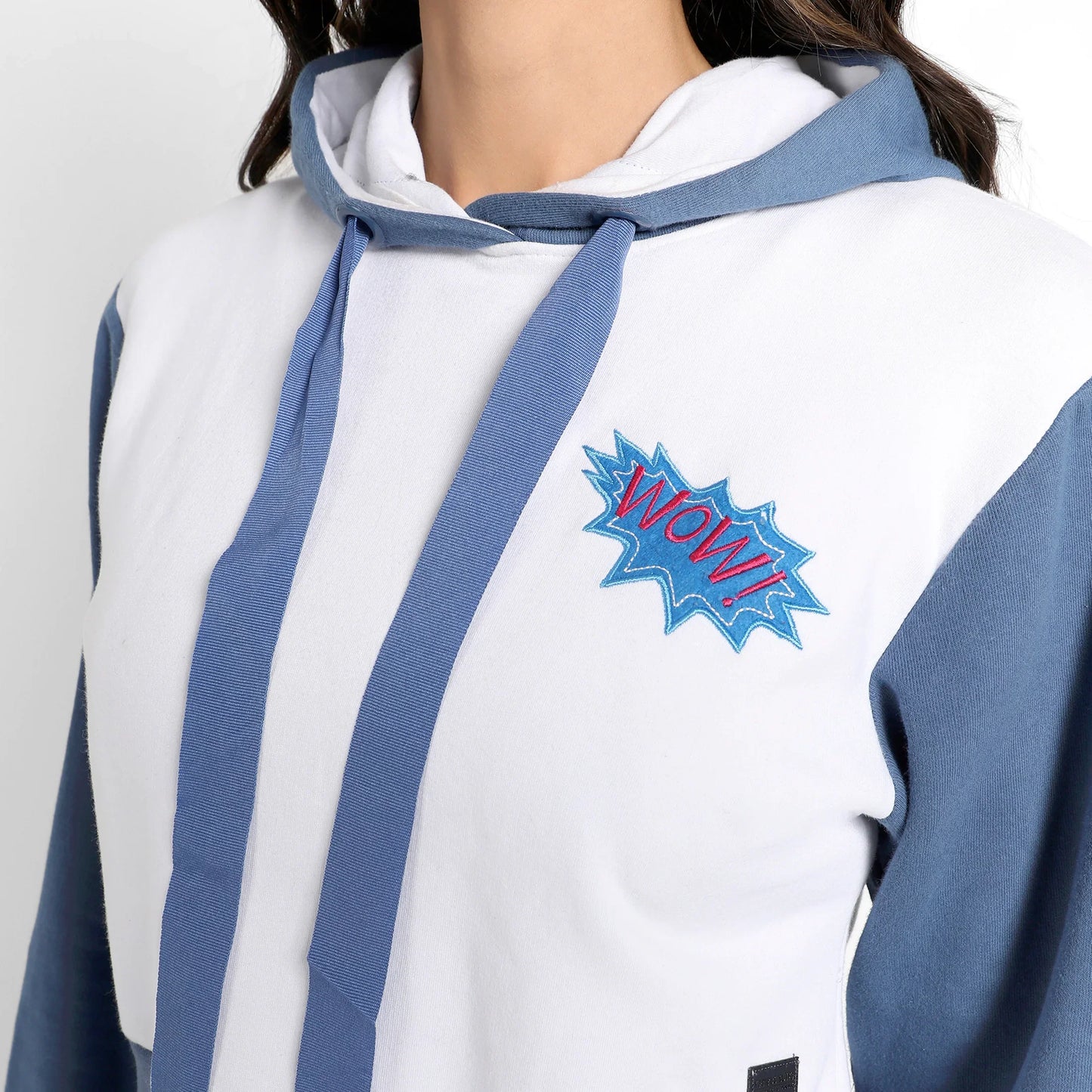 Blue & White Wow! Colourblocked Cropped Hoodie