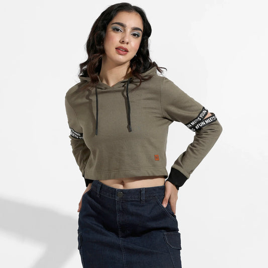 Olive Green Pullover Hoodie With Cut-Out Sleeves
