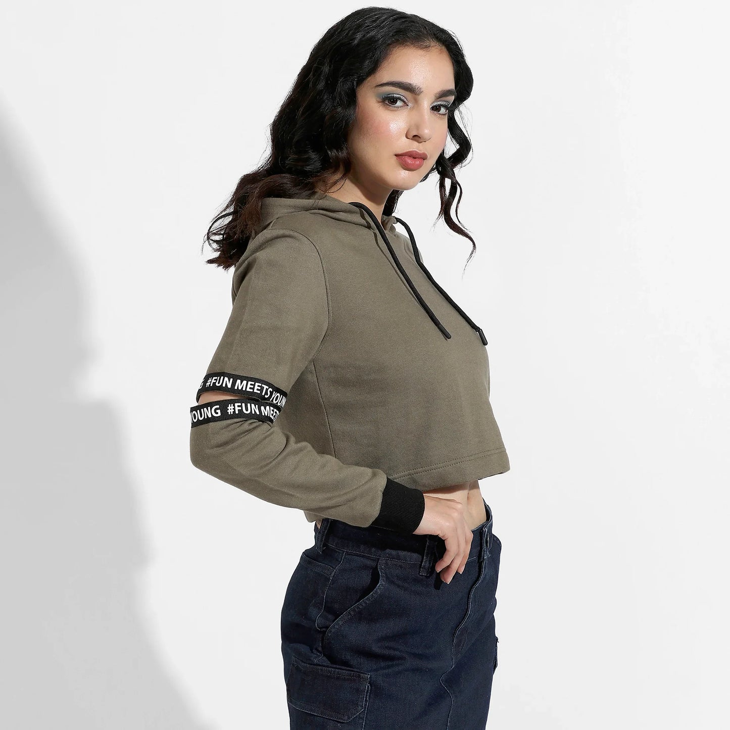 Olive Green Pullover Hoodie With Cut-Out Sleeves