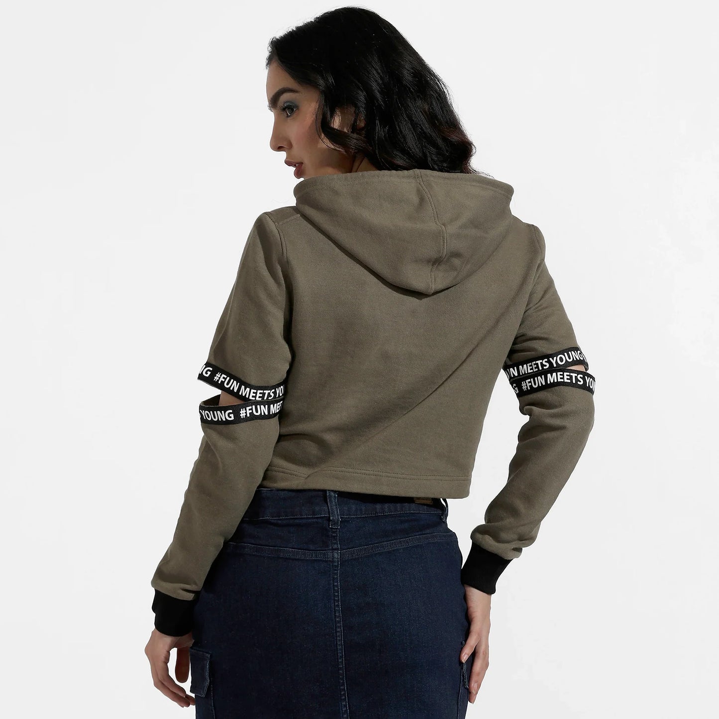 Olive Green Pullover Hoodie With Cut-Out Sleeves