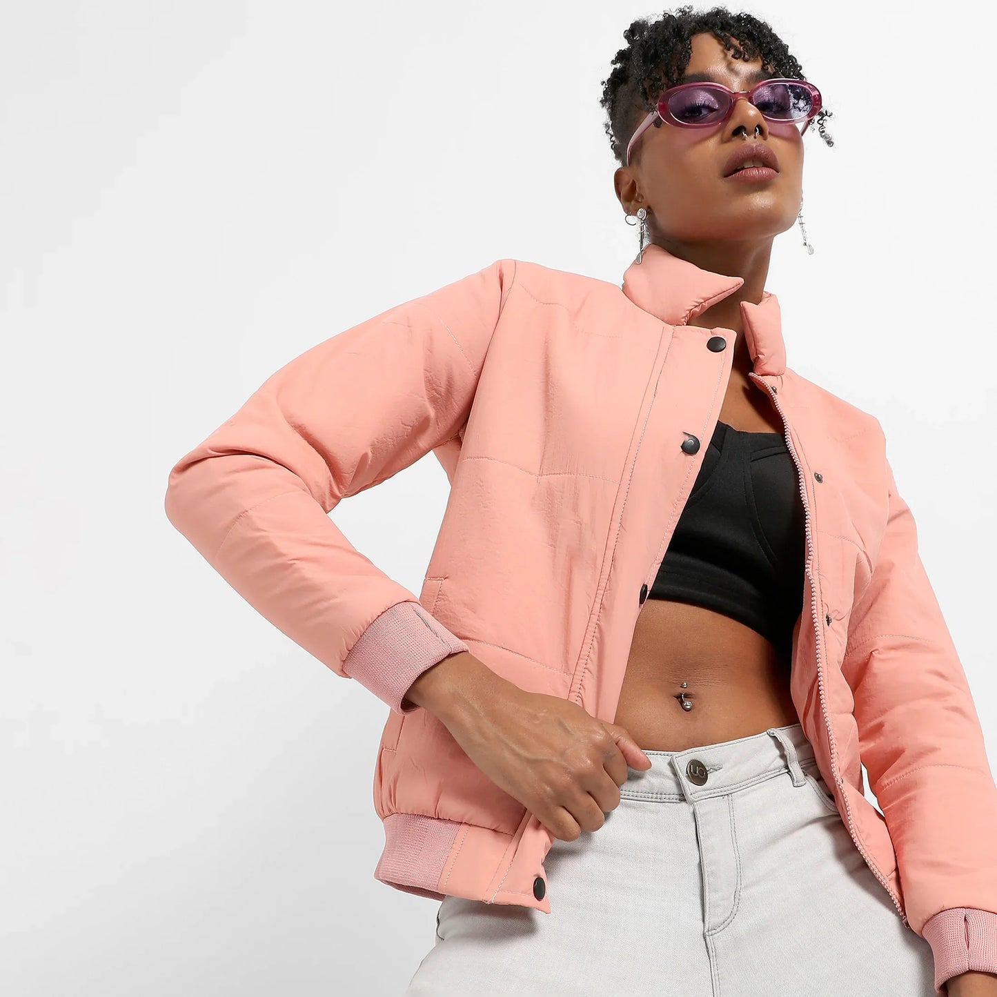 Pink Puffer Jacket With Ribbed Hem
