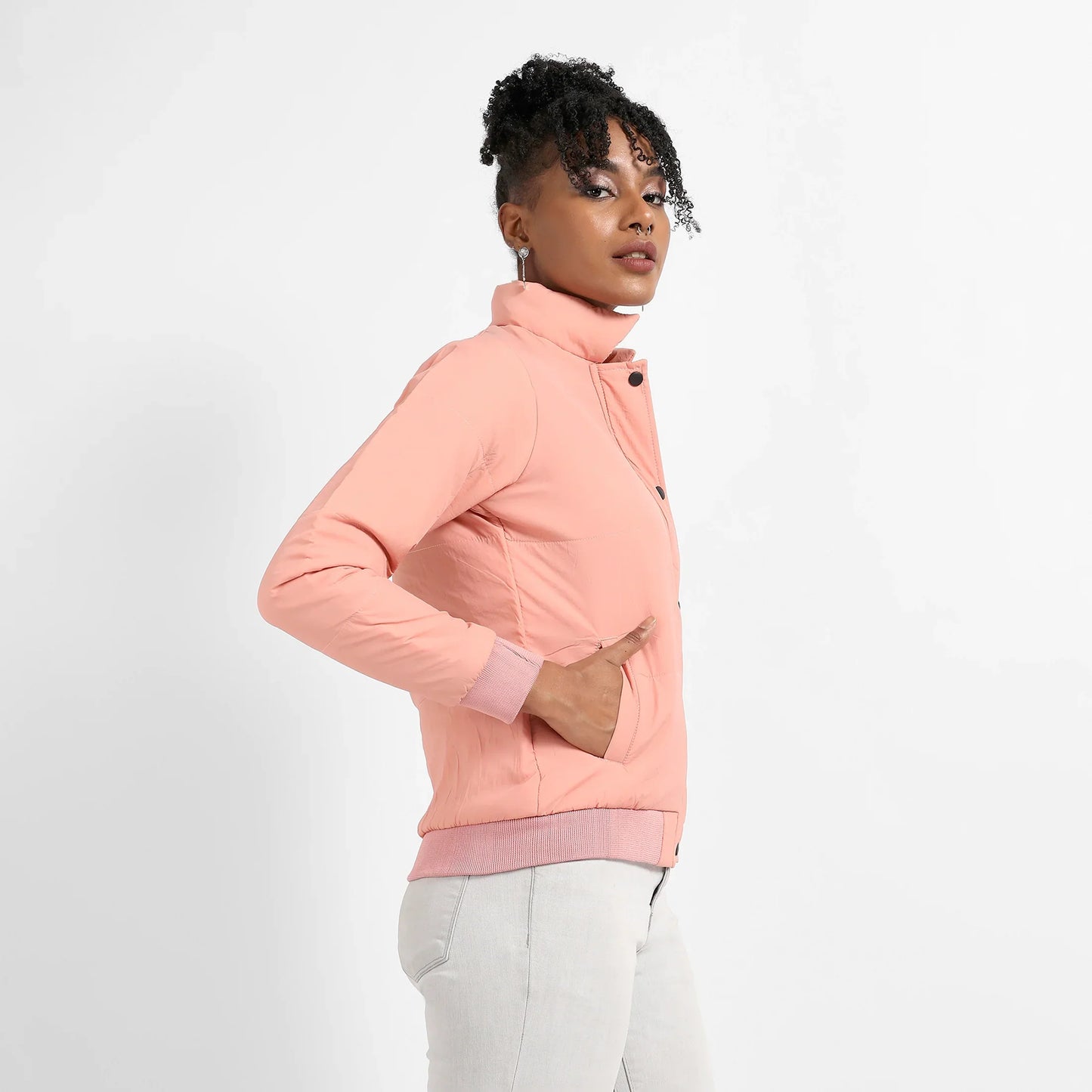 Pink Puffer Jacket With Ribbed Hem