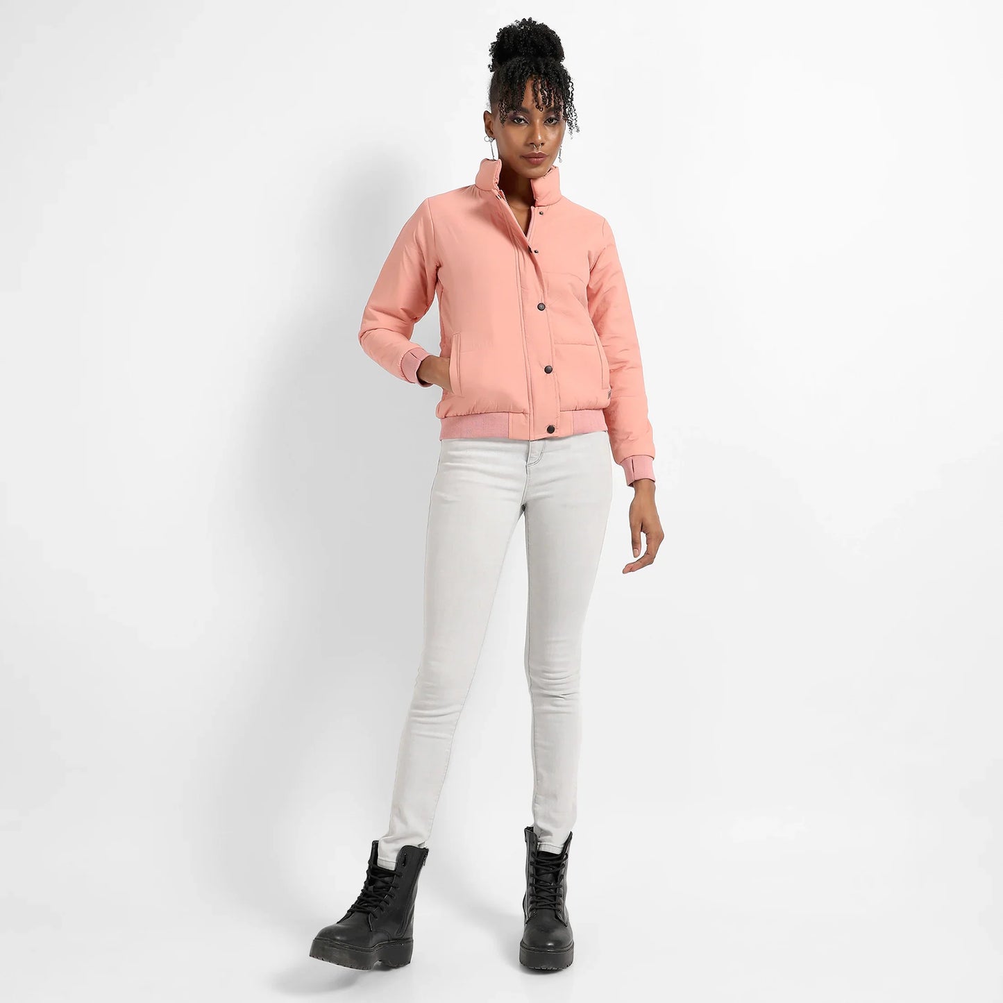 Pink Puffer Jacket With Ribbed Hem