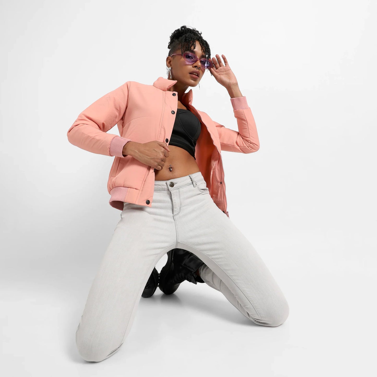 Pink Puffer Jacket With Ribbed Hem