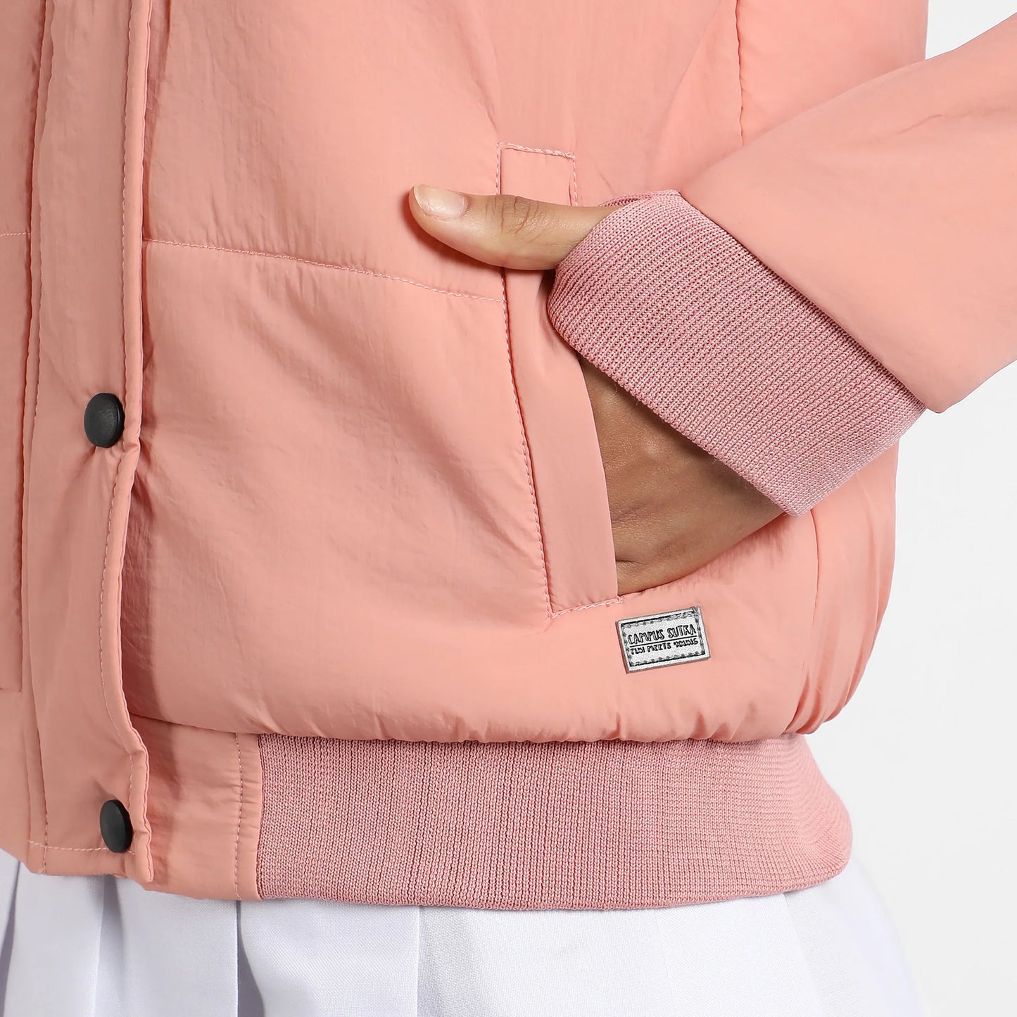 Pink Puffer Jacket With Ribbed Hem