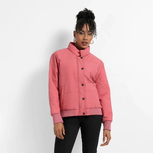 Blush Pink Puffer Jacket With Ribbed Hem