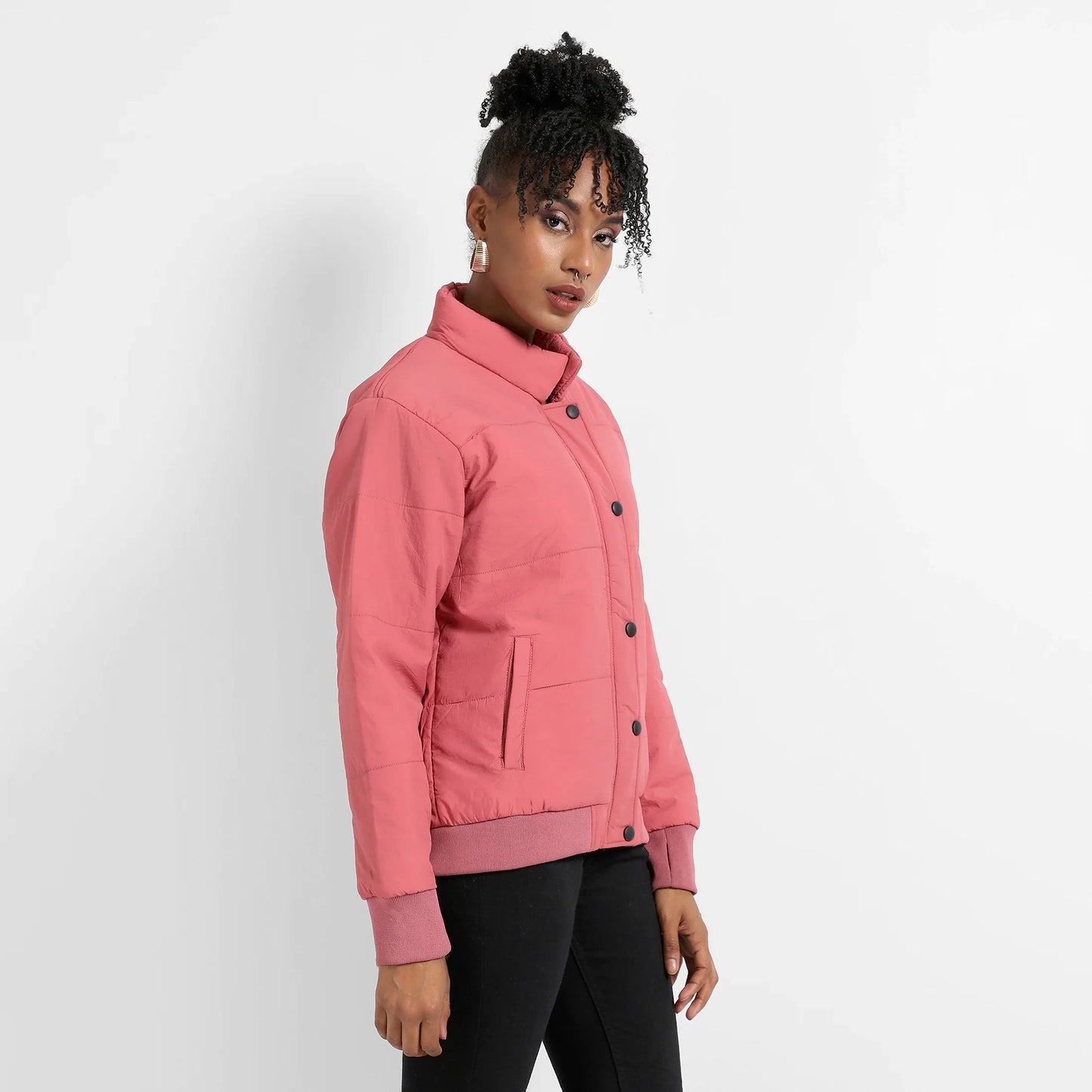 Blush Pink Puffer Jacket With Ribbed Hem