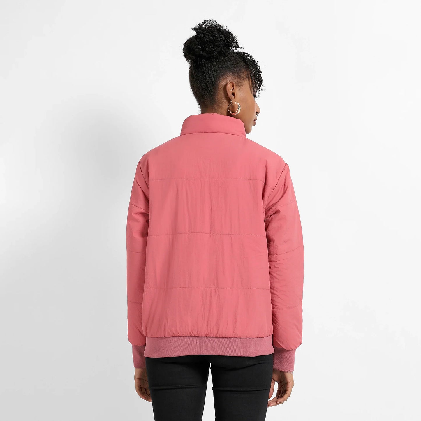 Blush Pink Puffer Jacket With Ribbed Hem