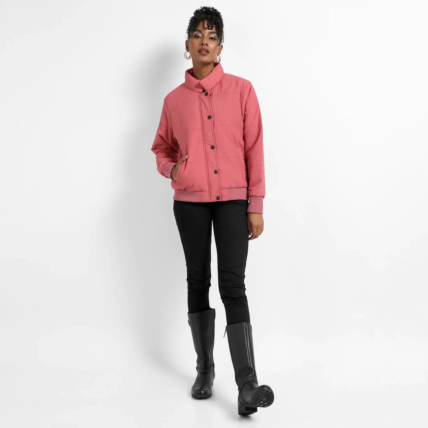 Blush Pink Puffer Jacket With Ribbed Hem