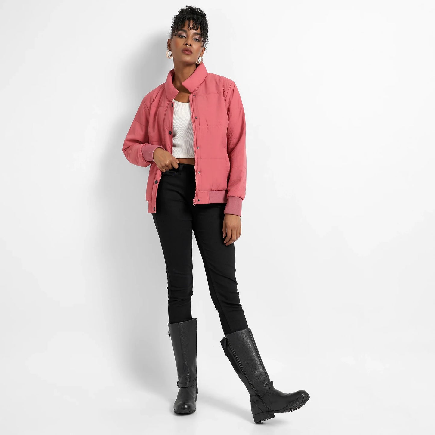 Blush Pink Puffer Jacket With Ribbed Hem