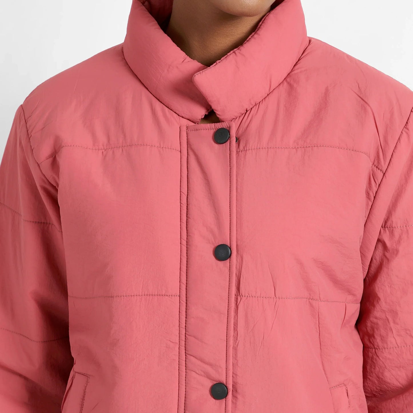 Blush Pink Puffer Jacket With Ribbed Hem