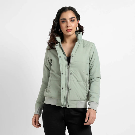 Sage Green Quilted Bomber Jacket With Ribbed Hem