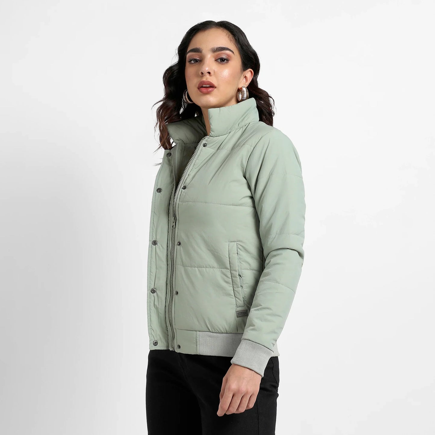 Sage Green Quilted Bomber Jacket With Ribbed Hem
