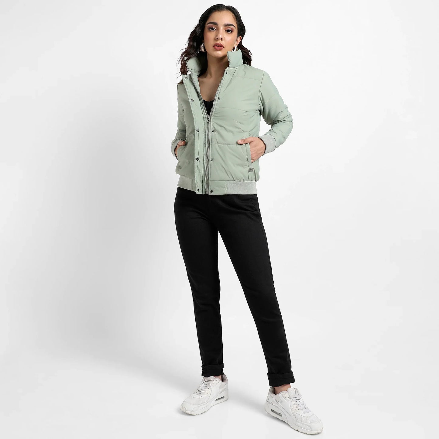 Sage Green Quilted Bomber Jacket With Ribbed Hem