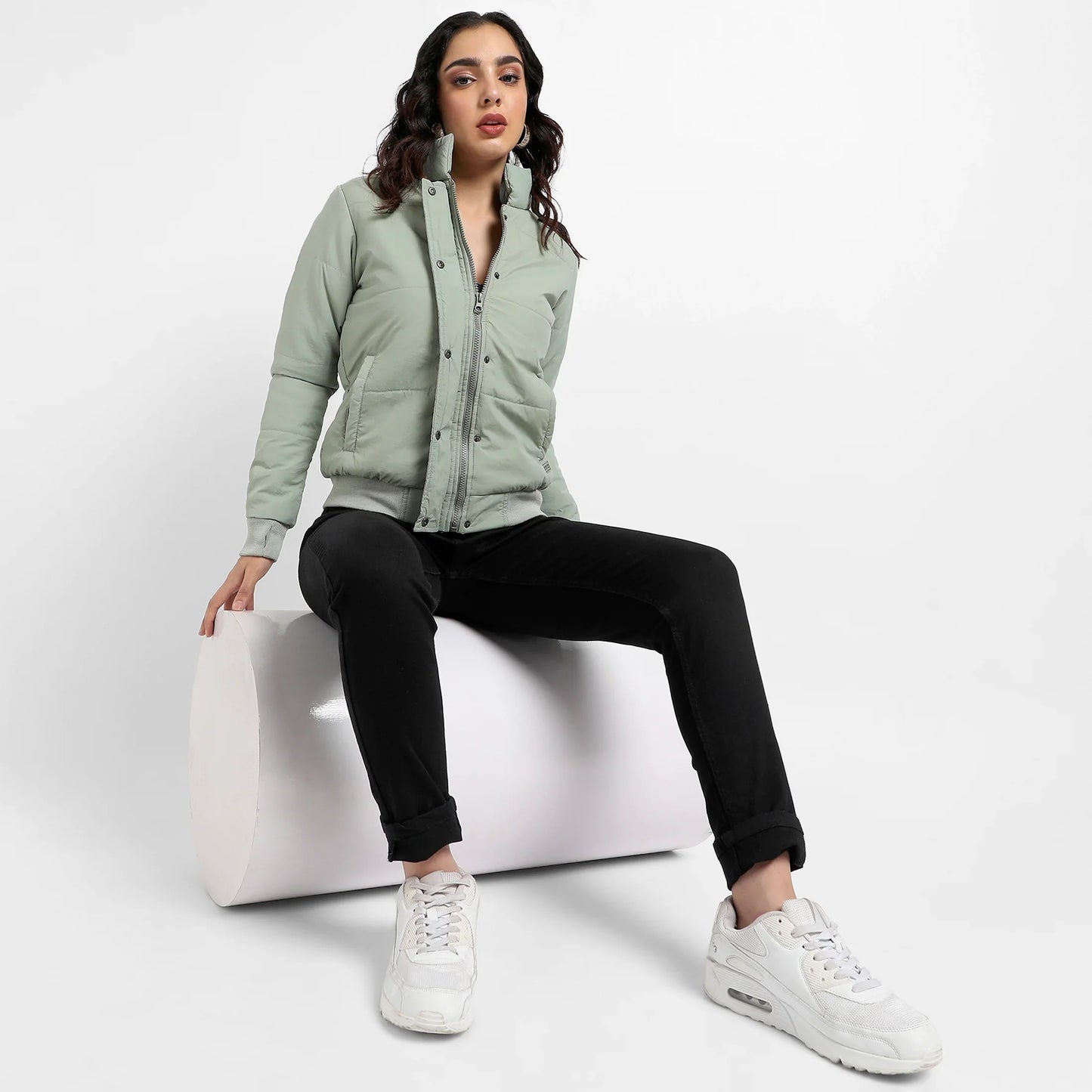 Sage Green Quilted Bomber Jacket With Ribbed Hem